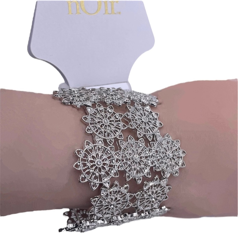 NOIR crystal thick cuff bracelet silver elastic- New